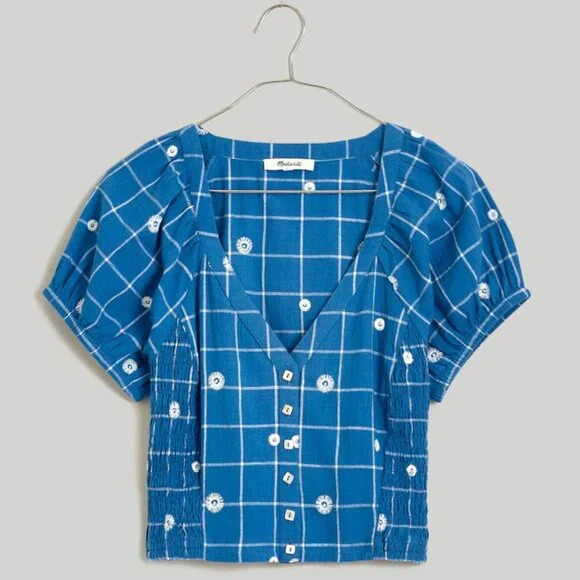 Madewell Blue Embroidered Puff-Sleeve Crop Top size 2 - Picture 2 of 7